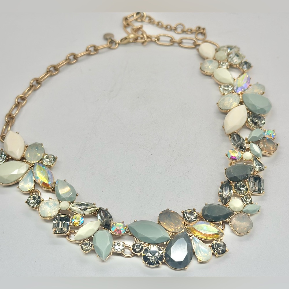 J Crew Rhinestone Aurora Borealis Necklace Gold Tone Mint Green Grey Smoky Cream